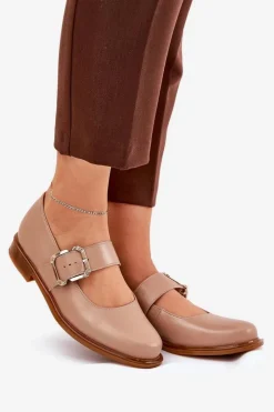 Laura Messi Półbuty Skórzane*Skórzane Półbuty Damskie Z Klamrą 2980 Ciemnobeżowe Beżowy