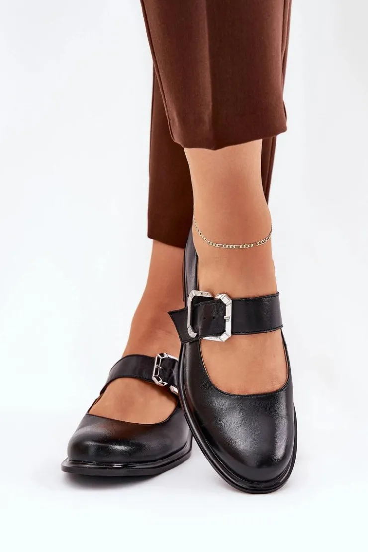 Outlet Laura Messi Skórzane Półbuty Damskie Z Klamrą 2980 Czarne Czarny