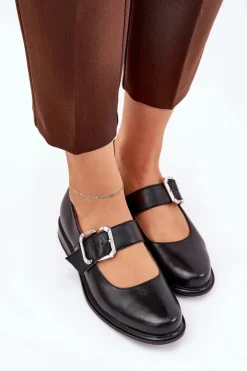 Outlet Laura Messi Skórzane Półbuty Damskie Z Klamrą 2980 Czarne Czarny