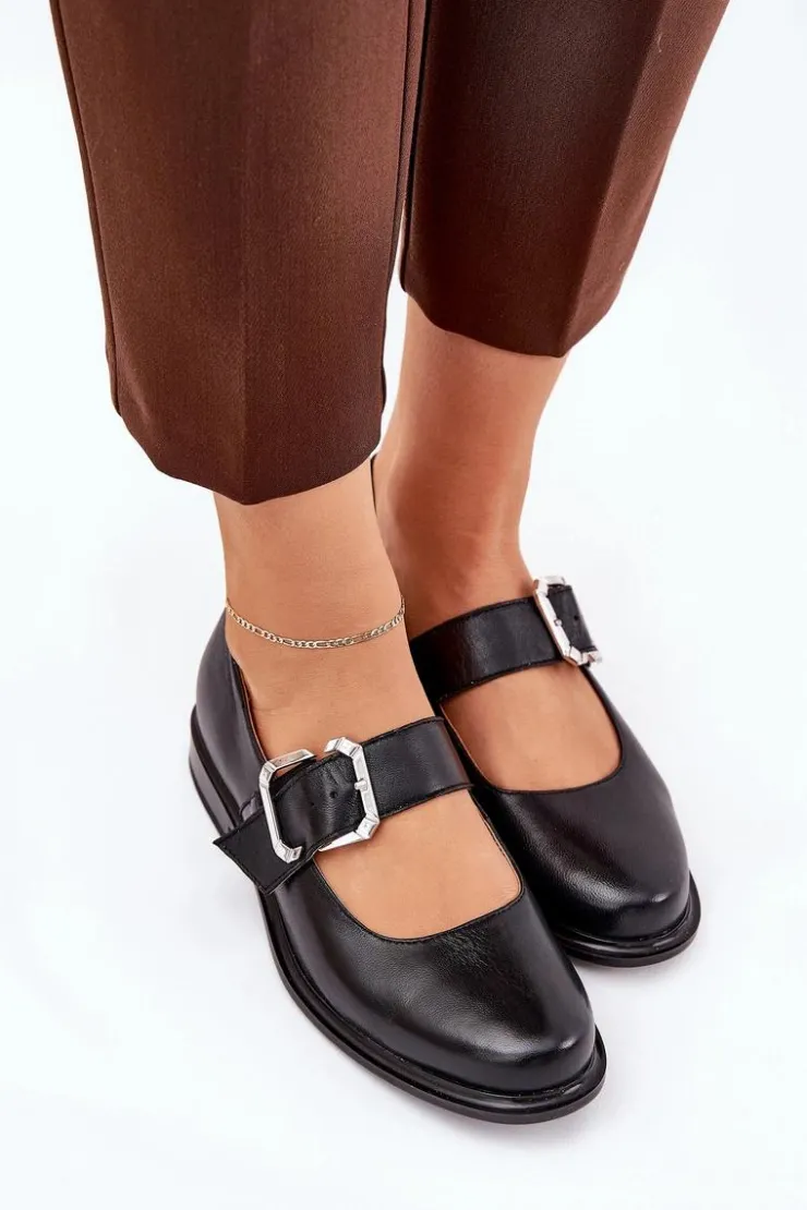 Outlet Laura Messi Skórzane Półbuty Damskie Z Klamrą 2980 Czarne Czarny