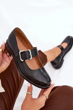 Outlet Laura Messi Skórzane Półbuty Damskie Z Klamrą 2980 Czarne Czarny