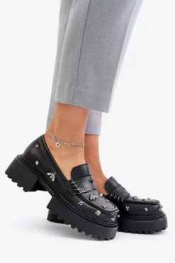 Best Damskie buty S.Barski Skórzane Półbuty Damskie Z Ozdobami D&A MR880-102 Czarne Czarny