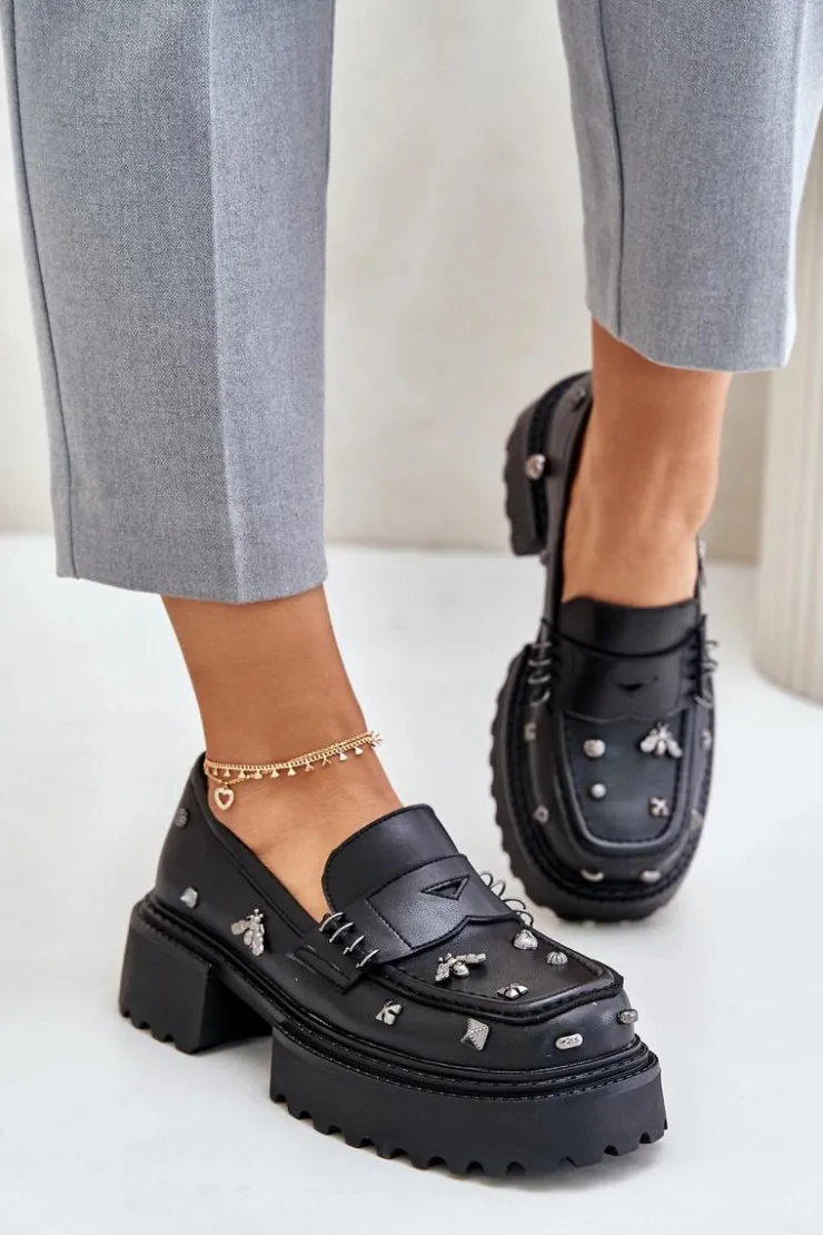 Best Damskie buty S.Barski Skórzane Półbuty Damskie Z Ozdobami D&A MR880-102 Czarne Czarny