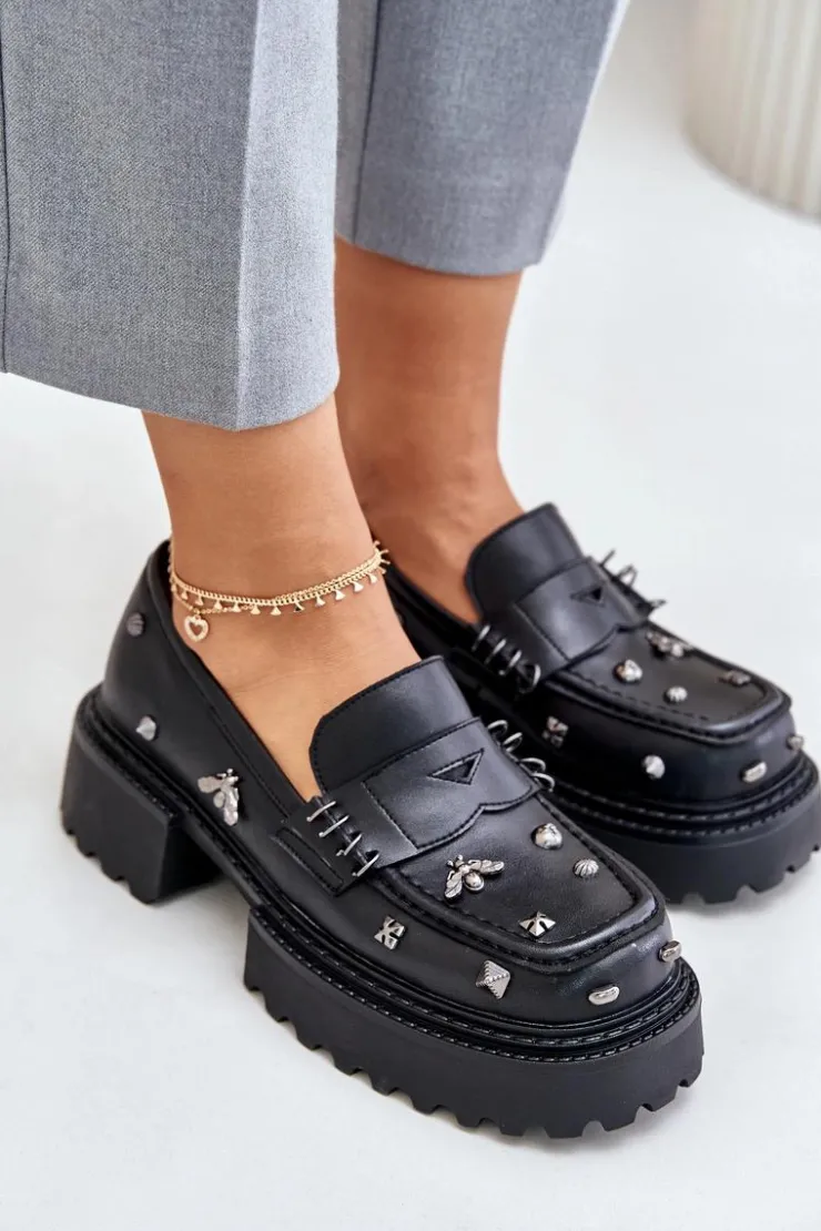 Best Damskie buty S.Barski Skórzane Półbuty Damskie Z Ozdobami D&A MR880-102 Czarne Czarny