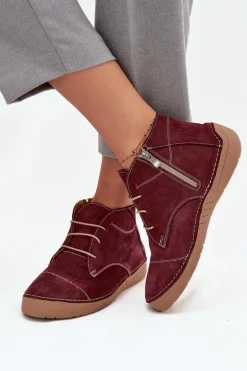 Artiker Półbuty Skórzane*Skórzane Półbuty Damskie Z Przeszyciami Na Zamek 57C2116 Bordowe Czerwony