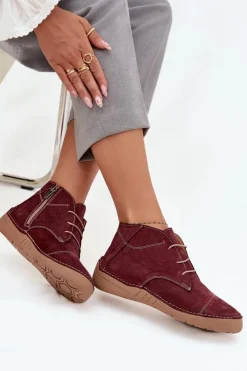 Artiker Półbuty Skórzane*Skórzane Półbuty Damskie Z Przeszyciami Na Zamek 57C2116 Bordowe Czerwony