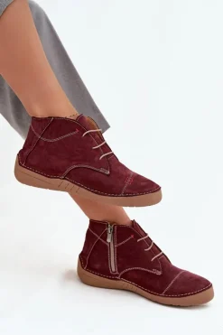 Artiker Półbuty Skórzane*Skórzane Półbuty Damskie Z Przeszyciami Na Zamek 57C2116 Bordowe Czerwony