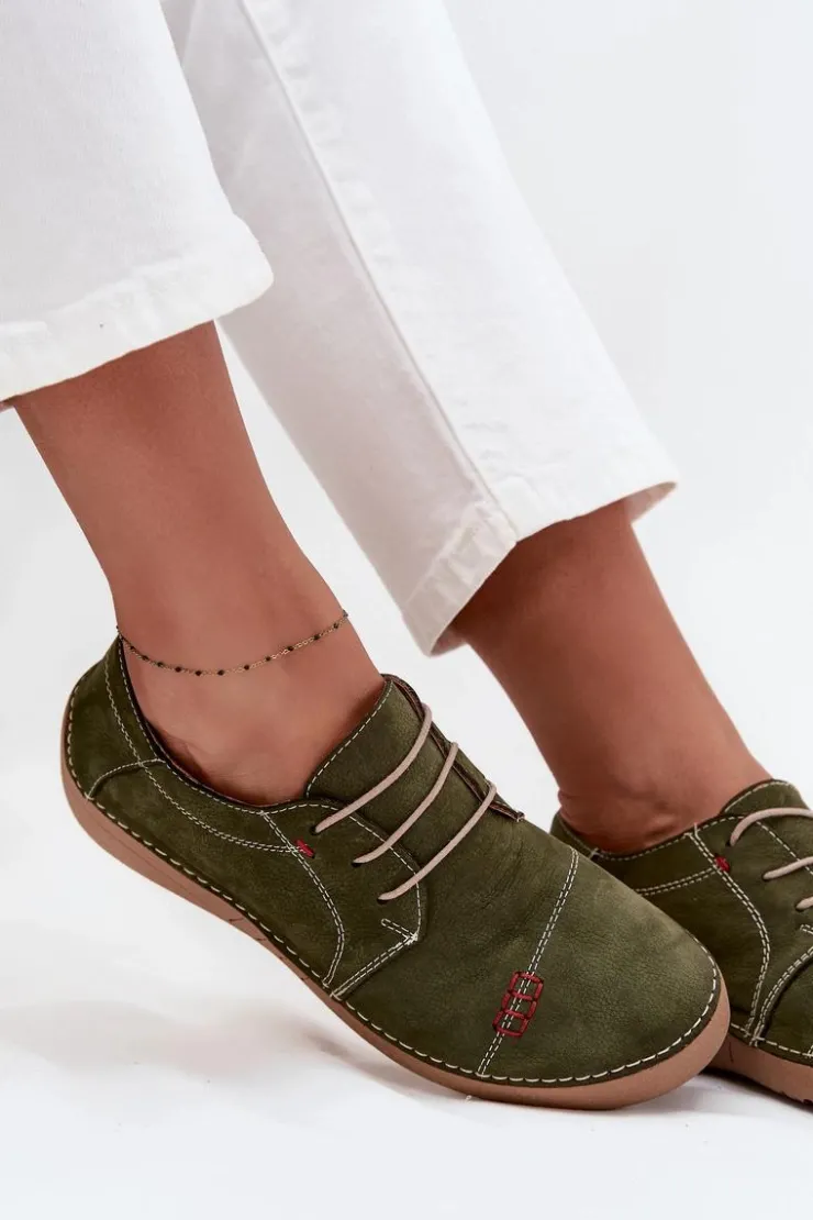 Artiker Półbuty Skórzane*Skórzane Półbuty Damskie Z Przeszyciami 57C2112 Zielone Zielony