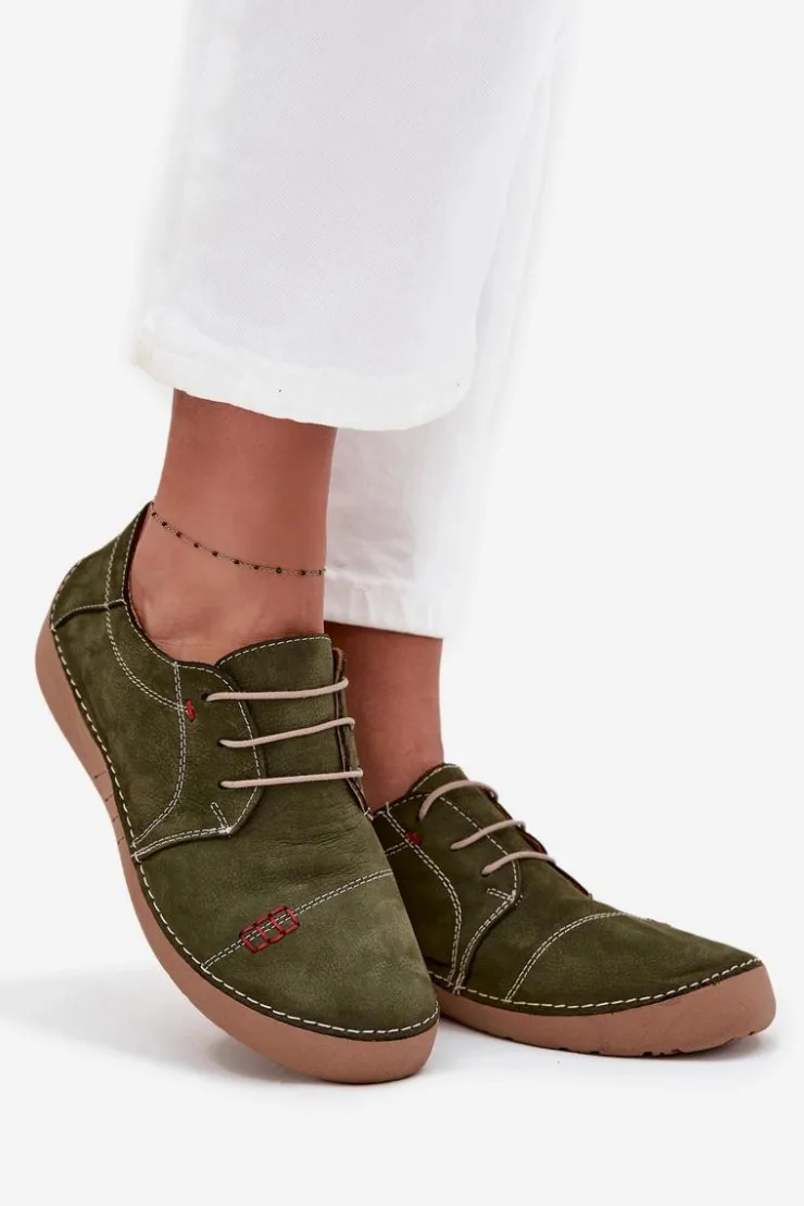 Artiker Półbuty Skórzane*Skórzane Półbuty Damskie Z Przeszyciami 57C2112 Zielone Zielony