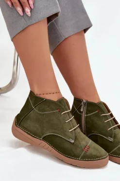 Online Artiker Skórzane Półbuty Damskie Z Przeszyciami Na Zamek 57C2119 Zielone Zielony