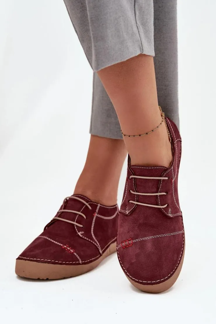 Discount Artiker Skórzane Półbuty Damskie Z Przeszyciami 57C2111 Bordowe Czerwony