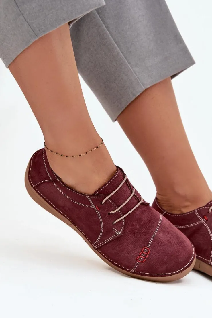 Discount Artiker Skórzane Półbuty Damskie Z Przeszyciami 57C2111 Bordowe Czerwony