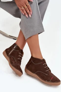 Damskie Artiker Skórzane Półbuty Damskie Z Przeszyciami Na Zamek 57C2117 Brązowe