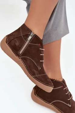 Damskie Artiker Skórzane Półbuty Damskie Z Przeszyciami Na Zamek 57C2117 Brązowe