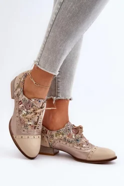 Damskie Maciejka Skórzane Półbuty Damskie Ze Zdobioną Cholewką 06408-04 Beżowe