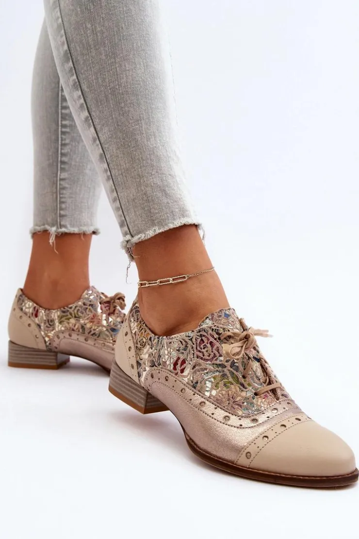 Damskie Maciejka Skórzane Półbuty Damskie Ze Zdobioną Cholewką 06408-04 Beżowe