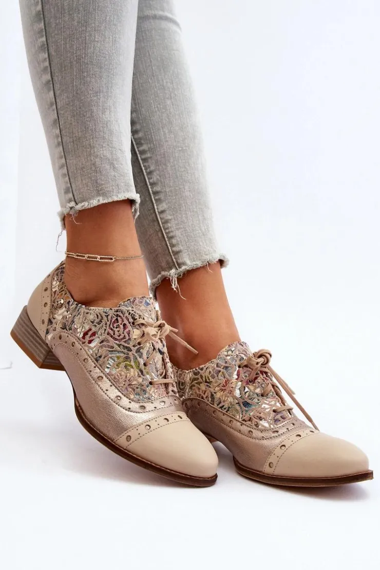 Damskie Maciejka Skórzane Półbuty Damskie Ze Zdobioną Cholewką 06408-04 Beżowe