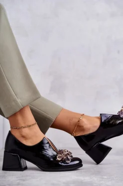 Hot Boto Skórzane Półbuty Gładkie Z Jasną Ozdobą Czarne Delaver