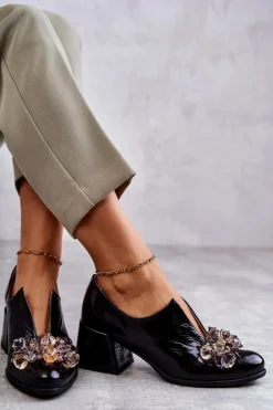 Hot Boto Skórzane Półbuty Gładkie Z Jasną Ozdobą Czarne Delaver