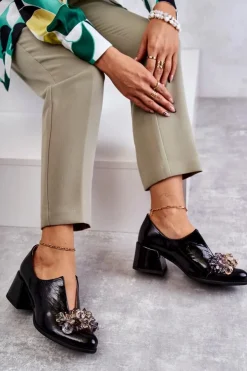 Hot Boto Skórzane Półbuty Gładkie Z Jasną Ozdobą Czarne Delaver