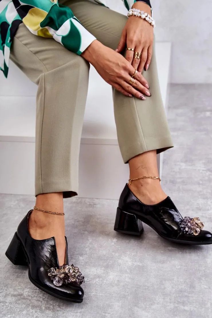 Hot Boto Skórzane Półbuty Gładkie Z Jasną Ozdobą Czarne Delaver