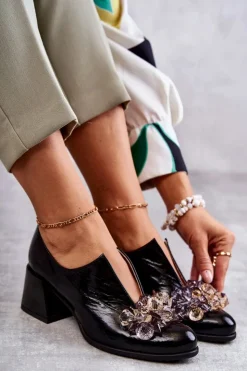 Hot Boto Skórzane Półbuty Gładkie Z Jasną Ozdobą Czarne Delaver