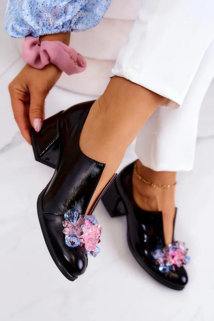 Damskie Boto Skórzane Półbuty Gładkie Z Ozdobą Czarne Delaver