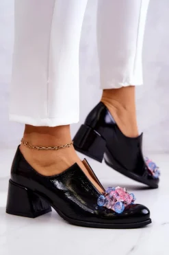 Damskie Boto Skórzane Półbuty Gładkie Z Ozdobą Czarne Delaver