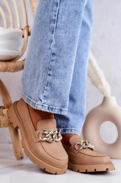 Discount Boto Skórzane Półbuty Loafery Łańcuch Ciemnobeżowe Amicable