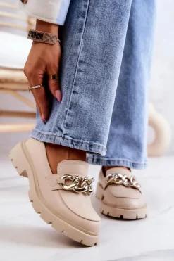 Damskie Boto Skórzane Półbuty Loafery Łańcuch Beżowe Amicable