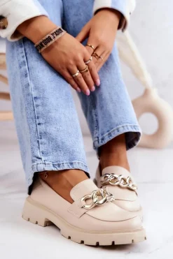 Damskie Boto Skórzane Półbuty Loafery Łańcuch Beżowe Amicable