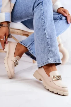 Damskie Boto Skórzane Półbuty Loafery Łańcuch Beżowe Amicable