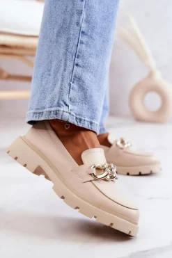 Damskie Boto Skórzane Półbuty Loafery Łańcuch Beżowe Amicable