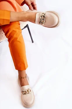 Damskie Boto Skórzane Półbuty Loafery Łańcuch Jasnobeżowe Amicable