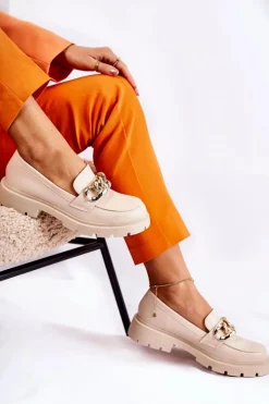 Damskie Boto Skórzane Półbuty Loafery Łańcuch Jasnobeżowe Amicable