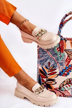 Damskie Boto Skórzane Półbuty Loafery Łańcuch Jasnobeżowe Amicable