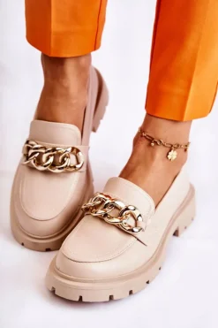 Damskie Boto Skórzane Półbuty Loafery Łańcuch Jasnobeżowe Amicable