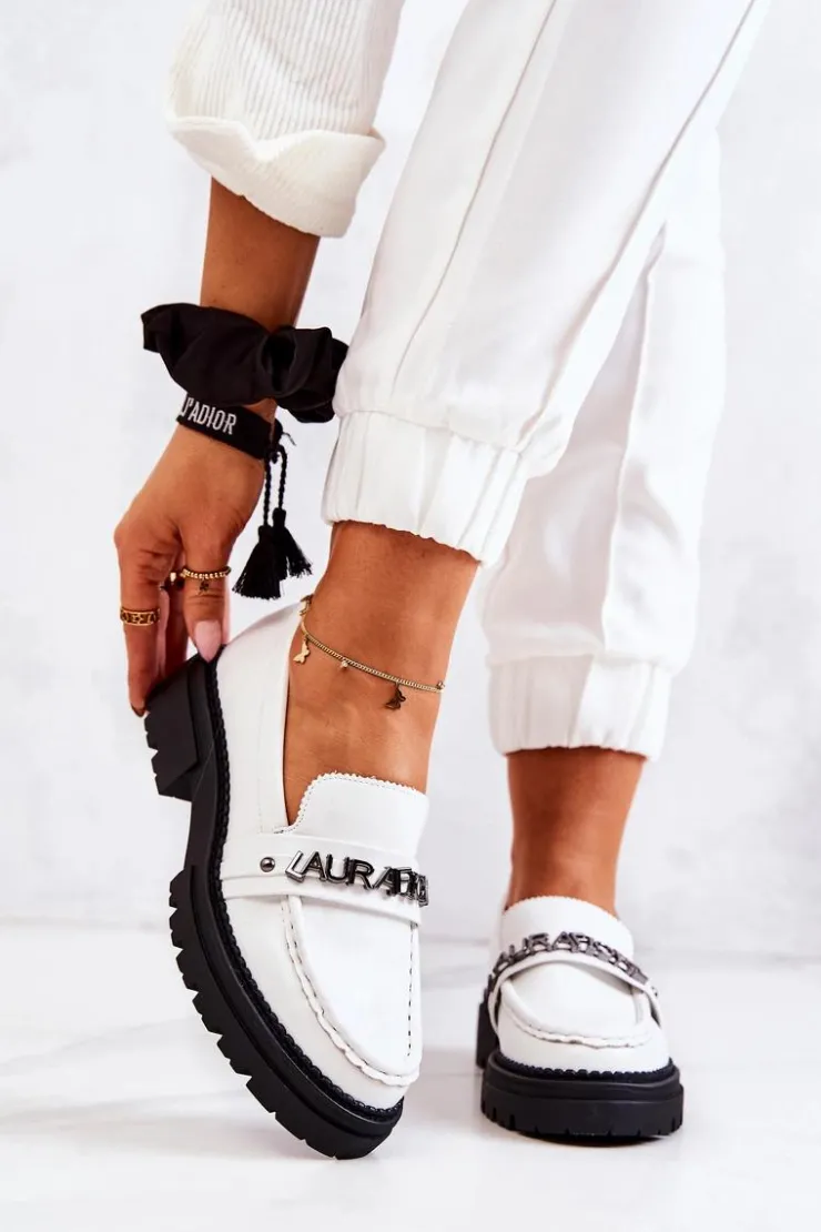 Boto Mokasyny Damskie Skórzane*Skórzane Półbuty Loafery Literki La.Fi 210001W-PU Białe