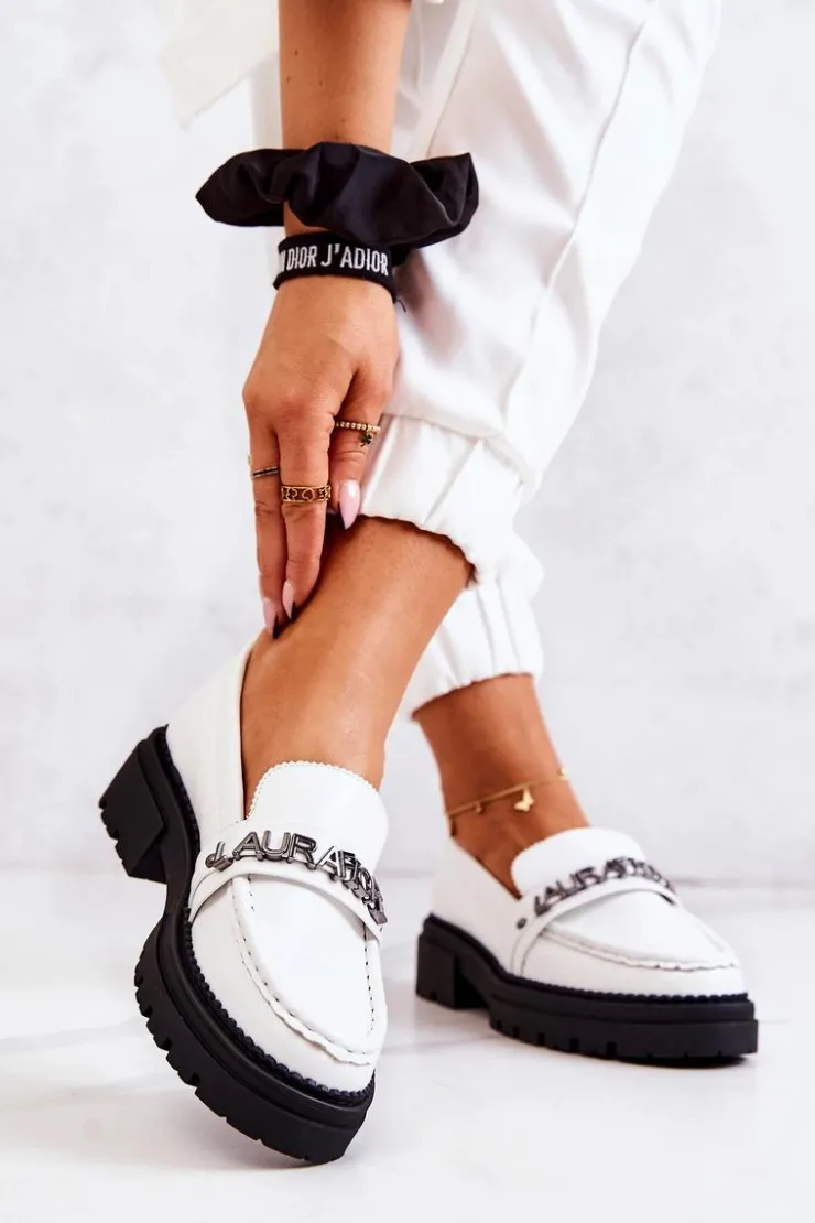 Boto Mokasyny Damskie Skórzane*Skórzane Półbuty Loafery Literki La.Fi 210001W-PU Białe