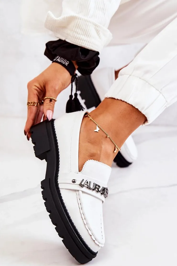 Boto Mokasyny Damskie Skórzane*Skórzane Półbuty Loafery Literki La.Fi 210001W-PU Białe