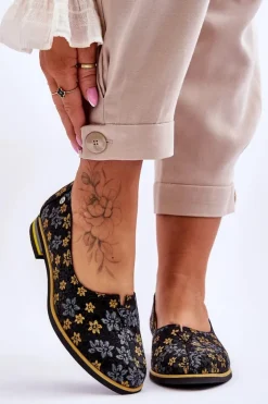 Damskie Maciejka Skórzane Półbuty Żółte Kwiaty 05035-38 Czarne