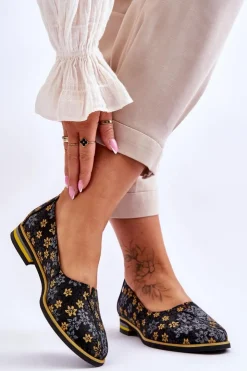 Damskie Maciejka Skórzane Półbuty Żółte Kwiaty 05035-38 Czarne