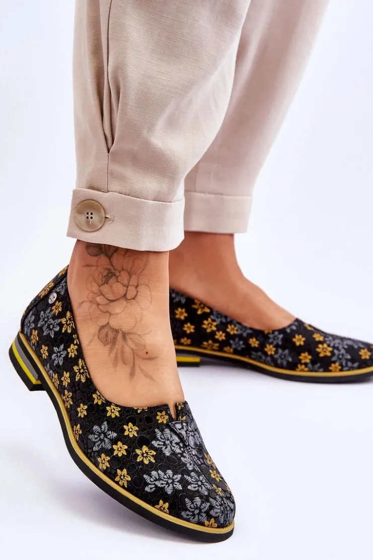 Damskie Maciejka Skórzane Półbuty Żółte Kwiaty 05035-38 Czarne