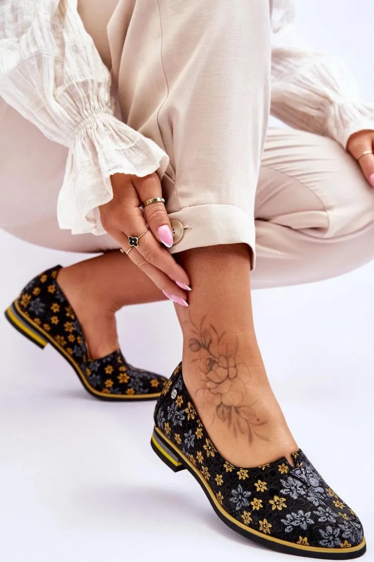Damskie Maciejka Skórzane Półbuty Żółte Kwiaty 05035-38 Czarne