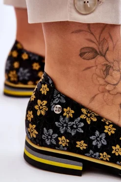 Damskie Maciejka Skórzane Półbuty Żółte Kwiaty 05035-38 Czarne