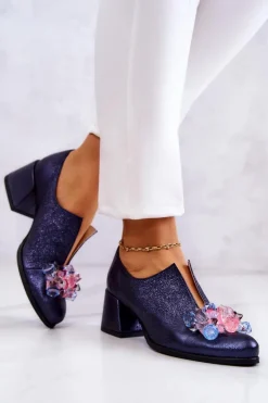 Outlet Boto Skórzane Półbuty Metaliczne Z Ozdobą Granatowe Delaver