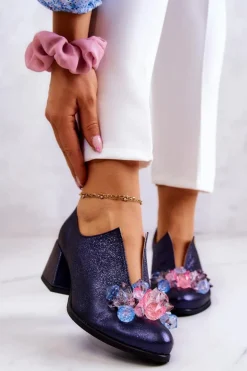 Outlet Boto Skórzane Półbuty Metaliczne Z Ozdobą Granatowe Delaver