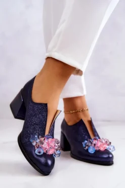 Outlet Boto Skórzane Półbuty Metaliczne Z Ozdobą Granatowe Delaver