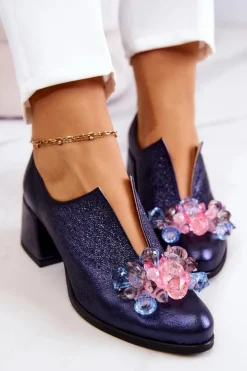 Outlet Boto Skórzane Półbuty Metaliczne Z Ozdobą Granatowe Delaver