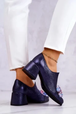 Outlet Boto Skórzane Półbuty Metaliczne Z Ozdobą Granatowe Delaver